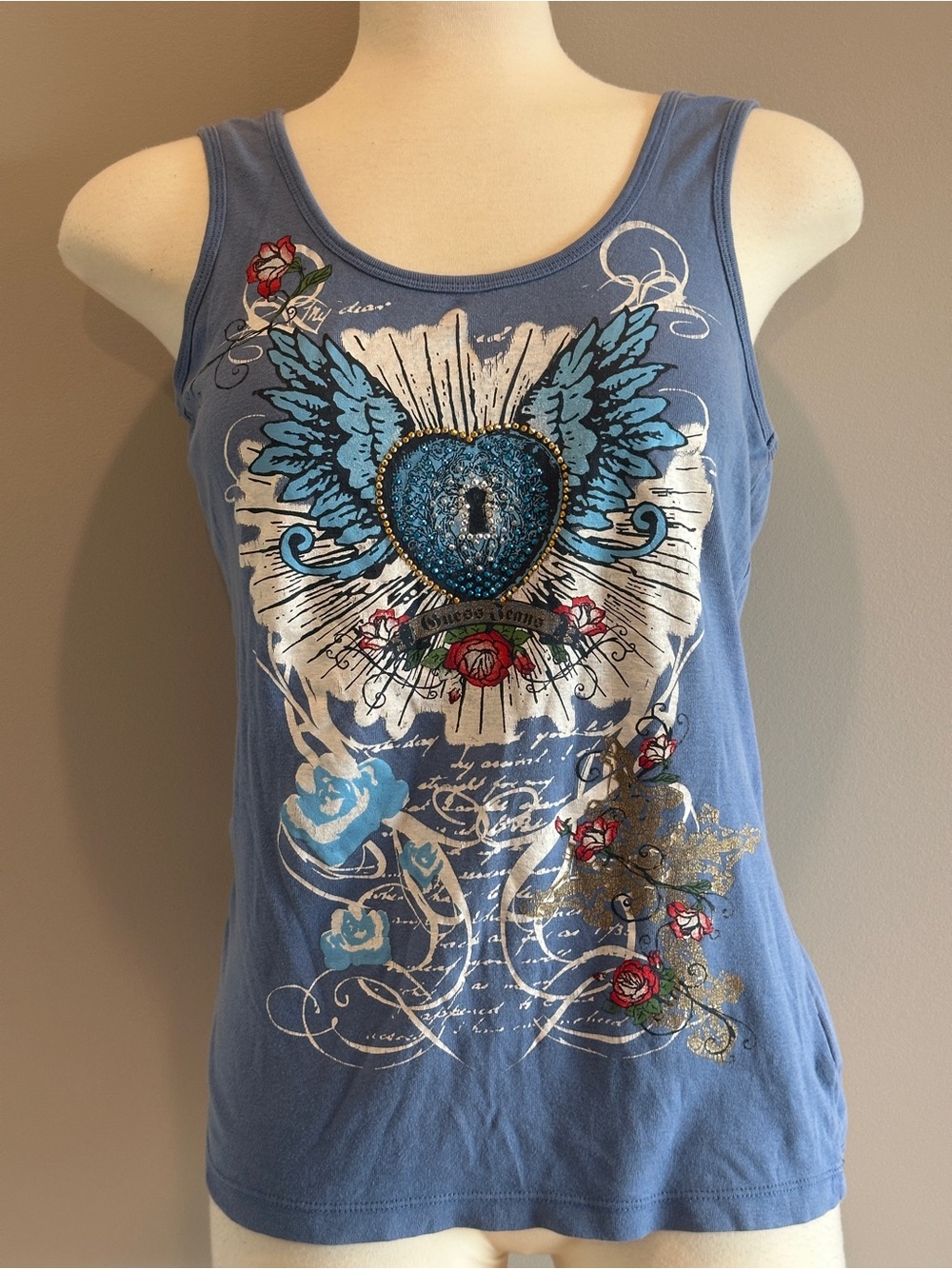 True Y2K Guess Graphic Blue Women's Tank Top with Winged Heart Motif